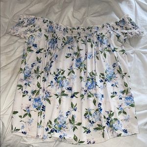 flower patterened off the shoulder top